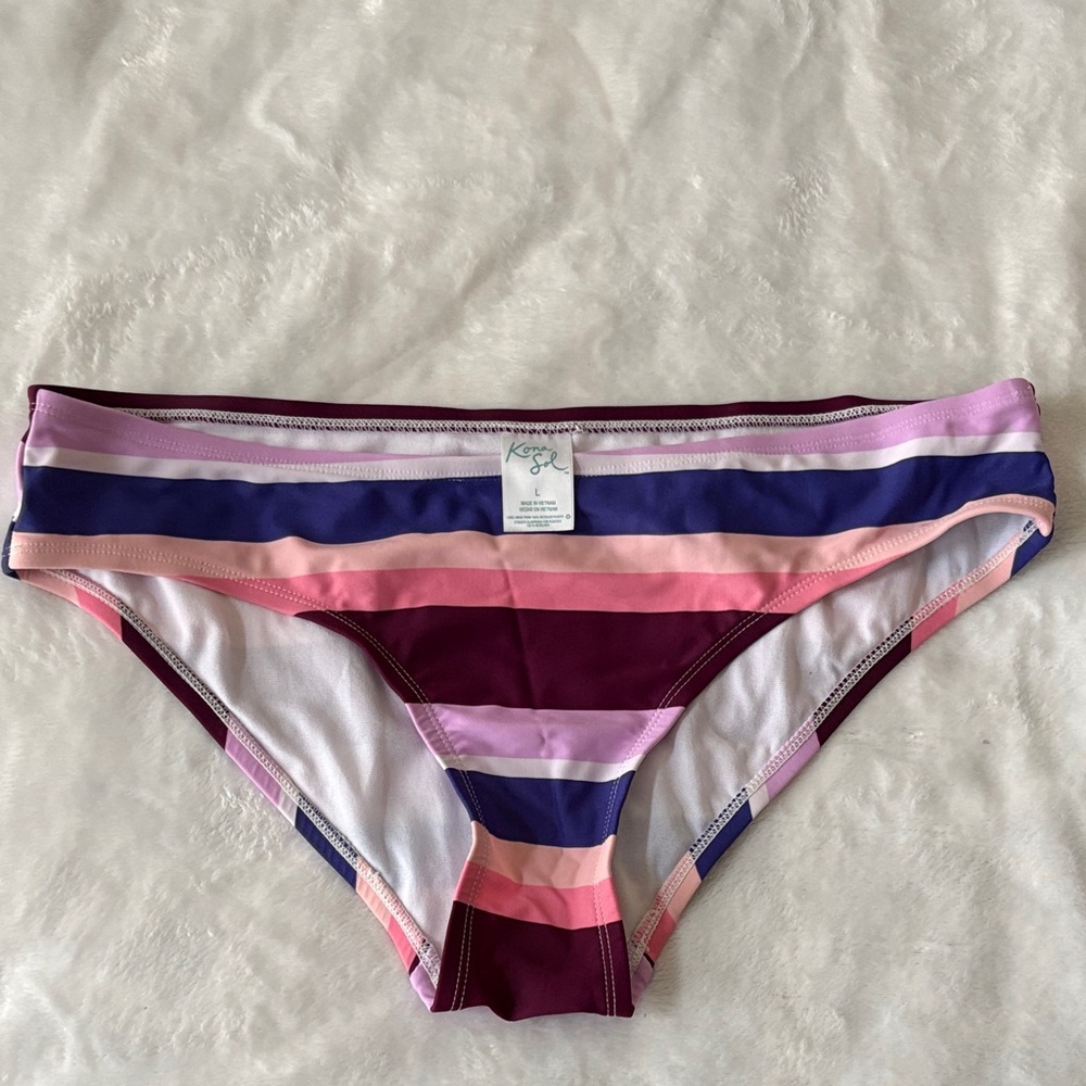 Kona Sol Striped Bikini Bottoms in Burgundy, Purple, Pink & Cream